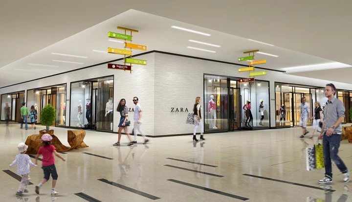 luxury building, interior rendering, retail mall