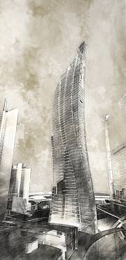 high rise night sepia traditional style illustration