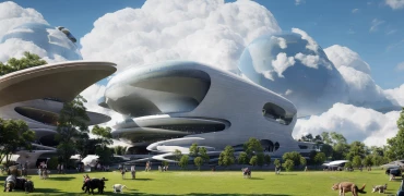 ai scifi building park sunny day