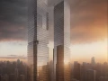 ai twin tower foggy sunset