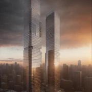 ai twin tower foggy sunset