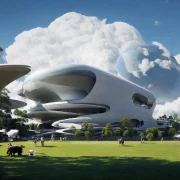 ai scifi building park sunny day