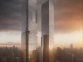 ai twin tower foggy sunset