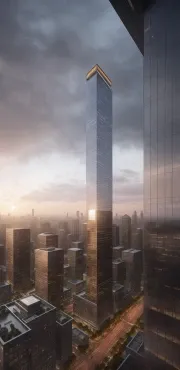 ai slender skyscraper overcast dusk