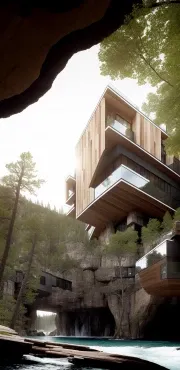 ai modern cabin over stream