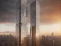 ai twin tower foggy sunset