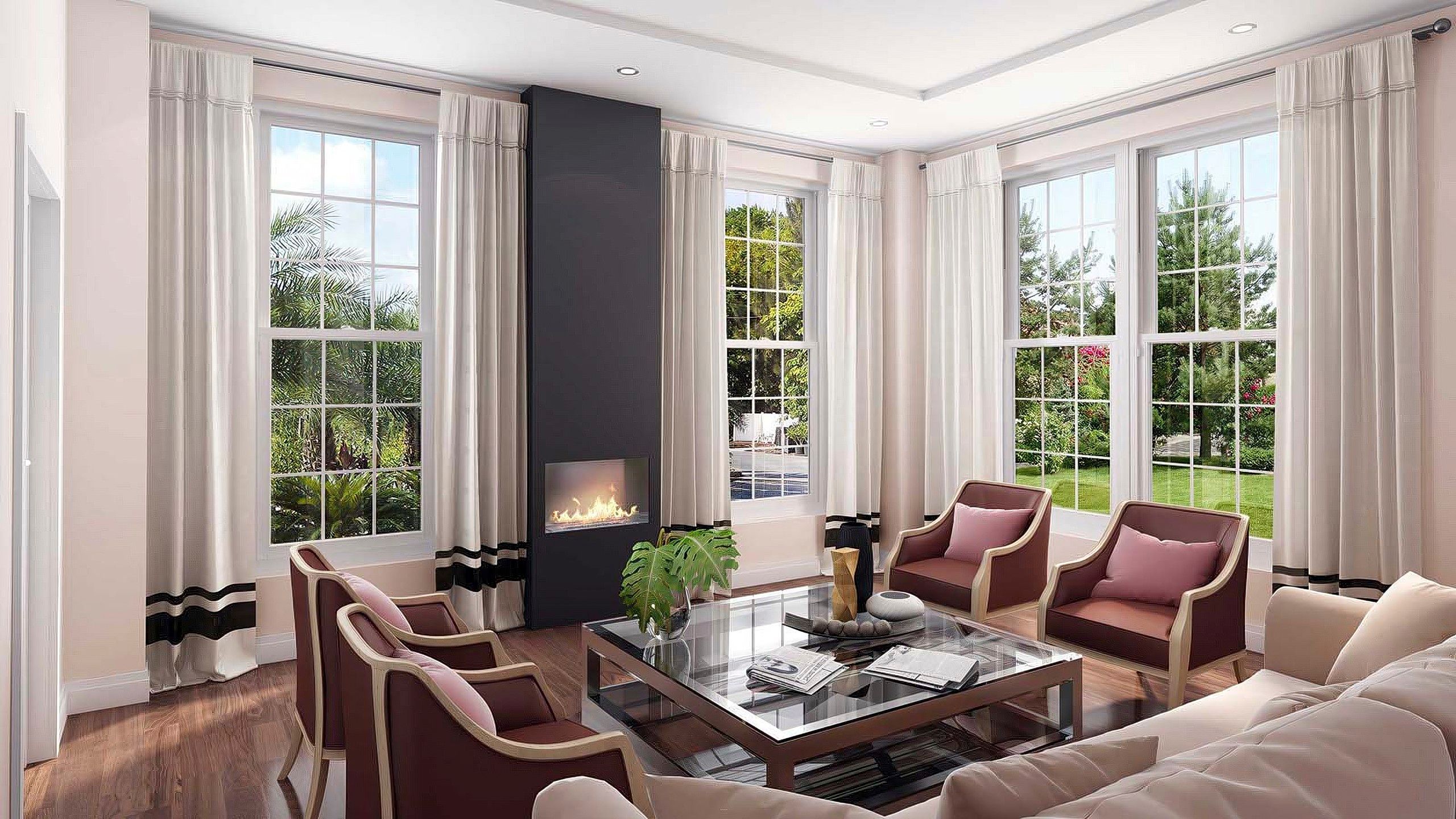 Photorealistic interior rendering of modern living room with large windows, natural light, fireplace, and contemporary furniture